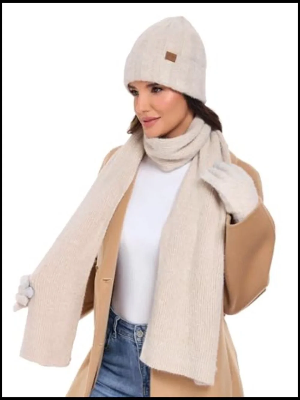 Premium Acrylic & Wool Winter Beanie Hat Scarf Touchscreen Gloves Set
